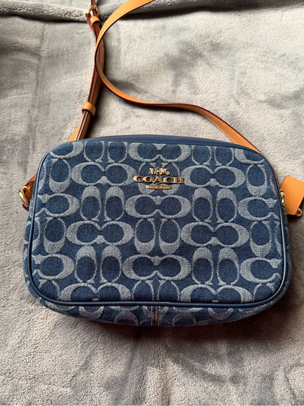 Coach Denim Signature Crossbody with Tan Leather Strap